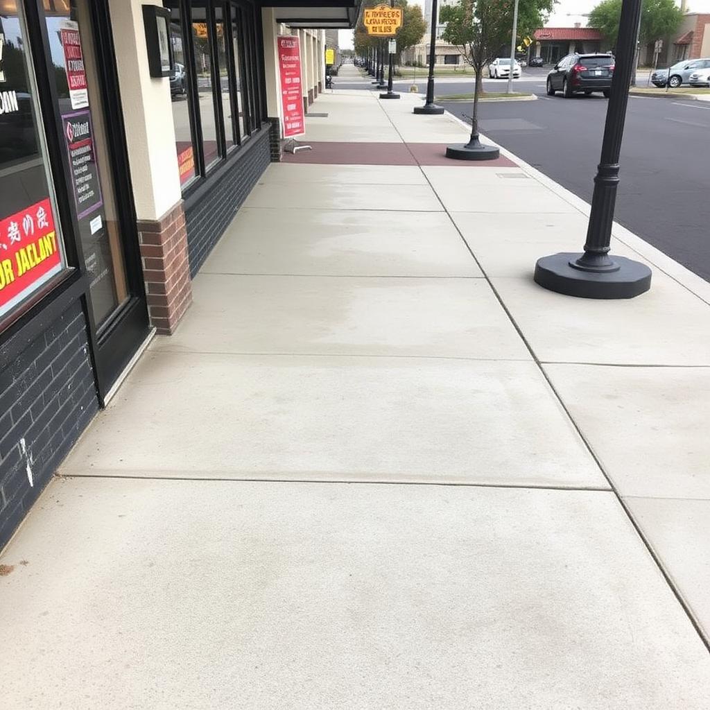 Clean restaurant storefront sidewalk after commercial pressure washing in downtown Flint, MI