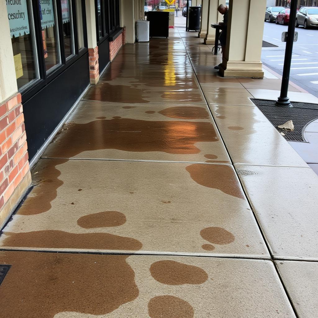 Downtown Flint, MI commercial restaurant storefront sidewalk stained with grease drips and gum spots before pressure washing