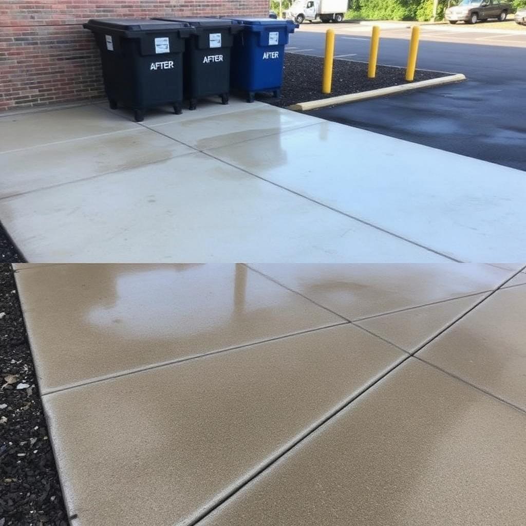 Clean Grand Blanc, MI commercial dumpster pad concrete with no stains after hot water pressure washing