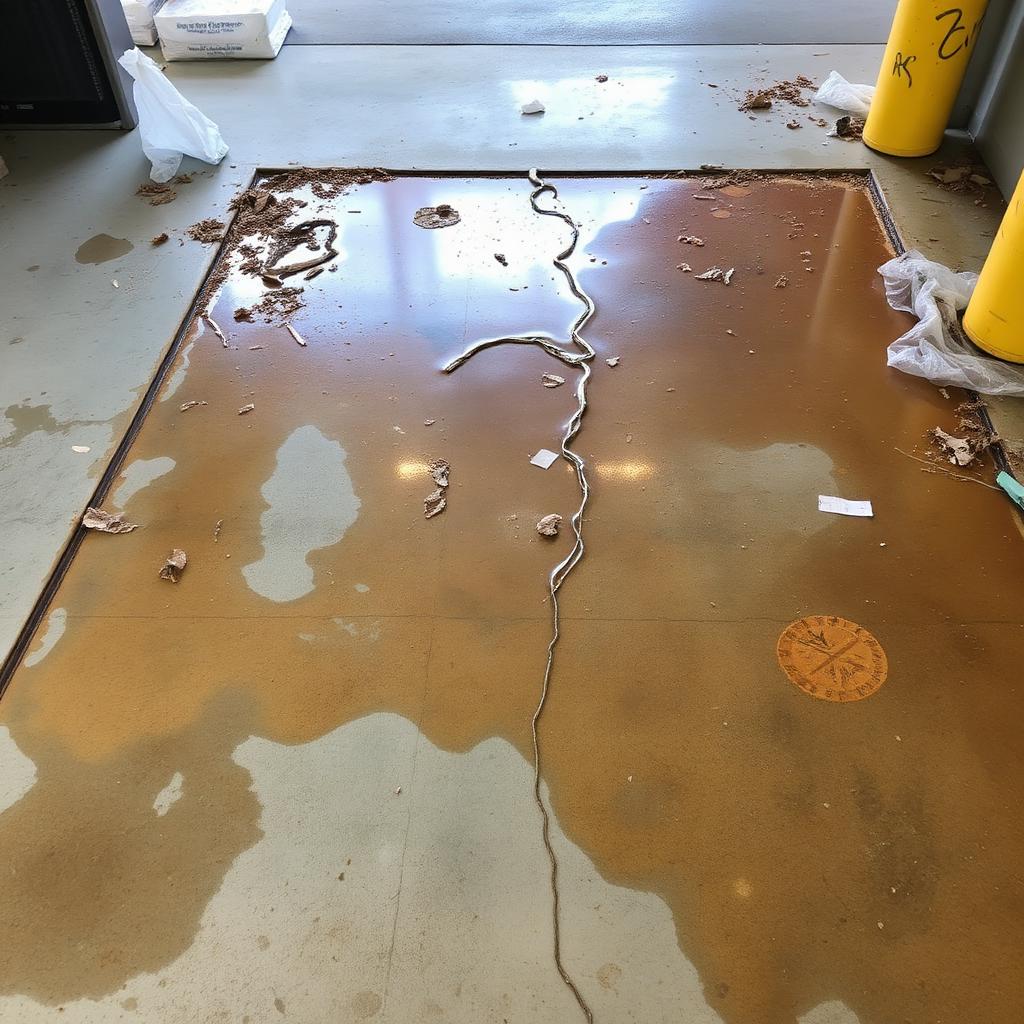 Grimy Grand Blanc, MI commercial dumpster pad with grease build-up and food waste stains on concrete before cleaning