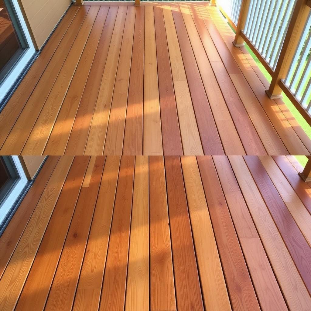 Cedar deck boards restored to a warm natural wood tone after wood-safe deck cleaning in Fenton, MI