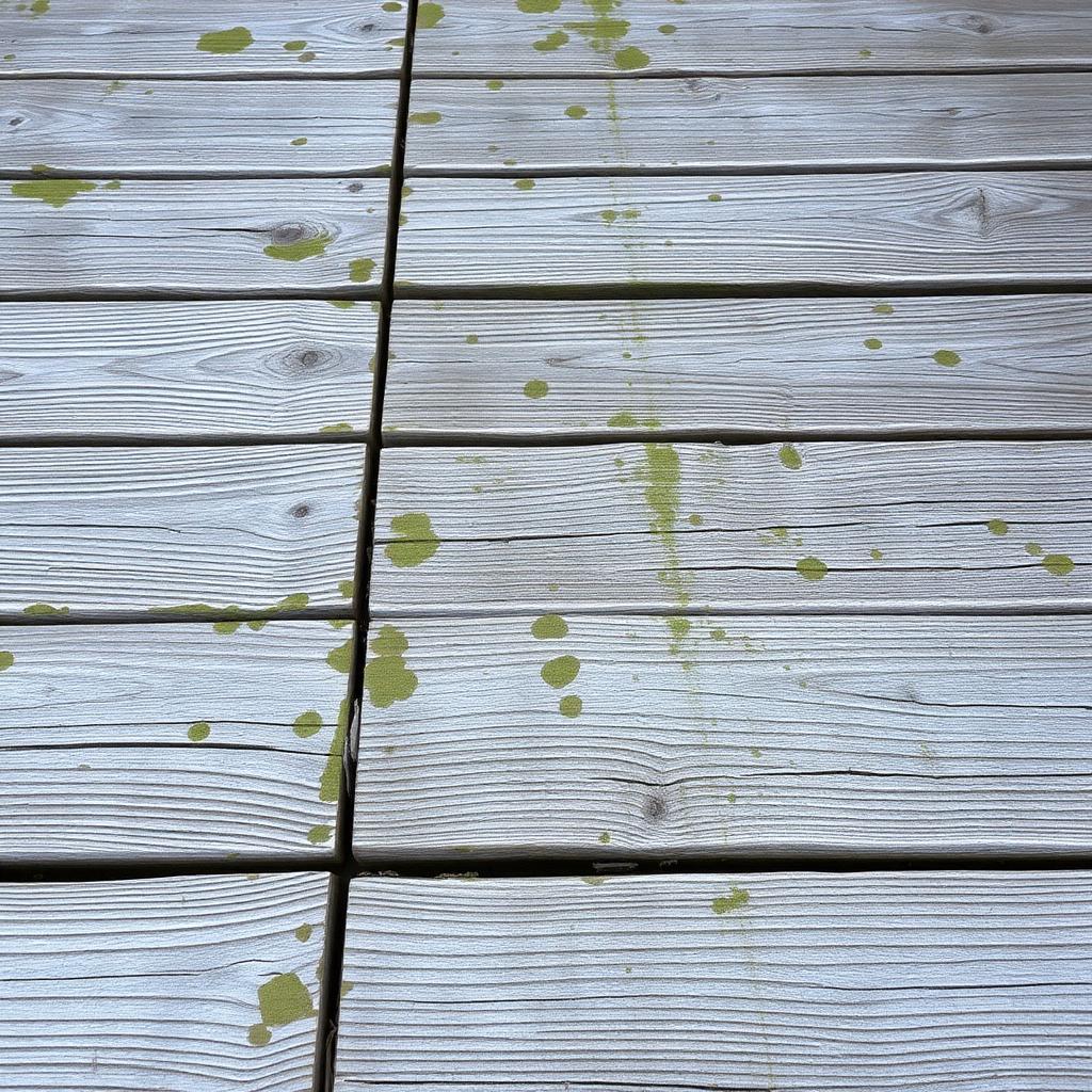Weathered gray cedar deck boards in Grand Blanc, MI with mildew spots and old peeling sealer before wood-safe cleaning