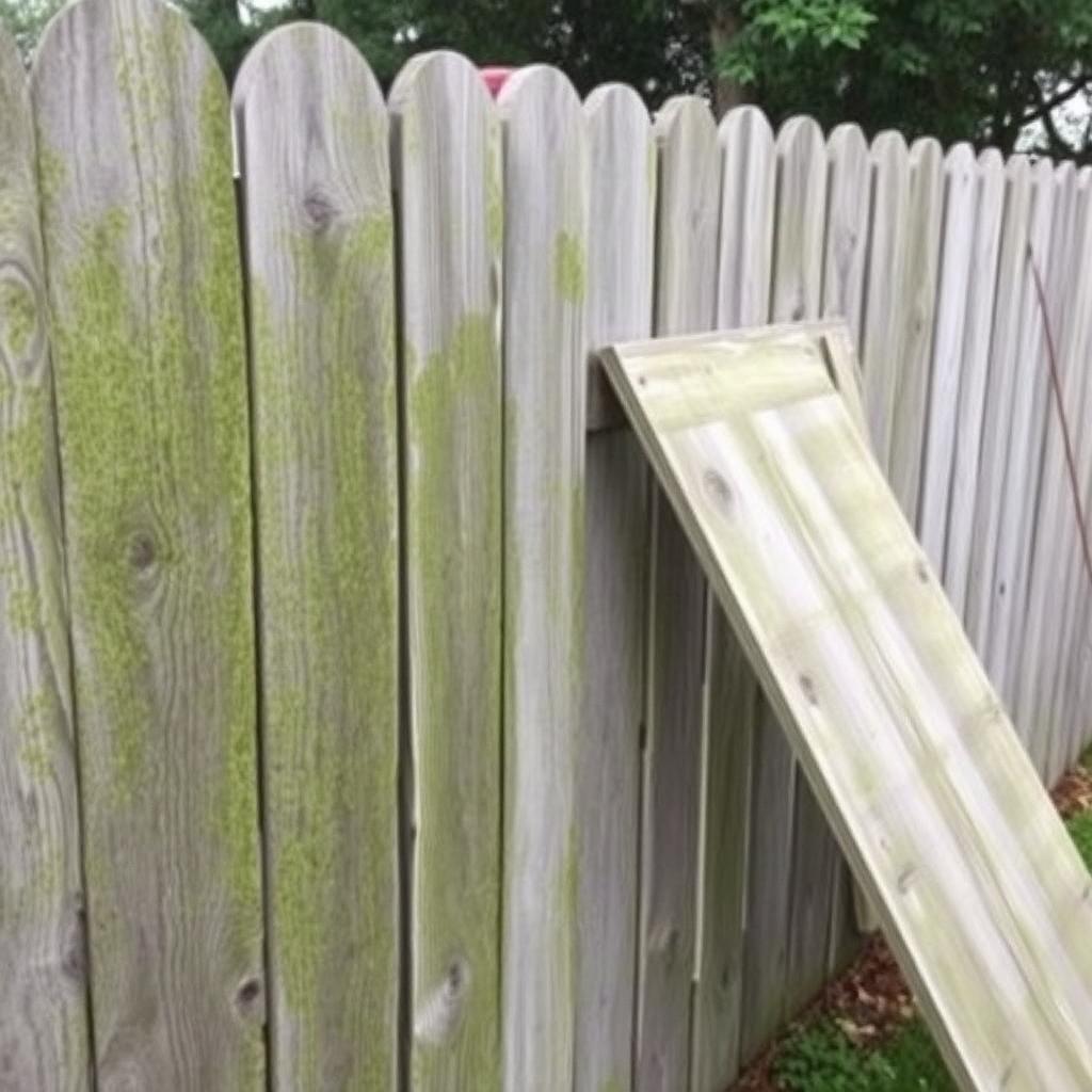 Weathered gray wooden privacy fence in Flushing, MI with heavy green algae growth before wood-safe cleaning