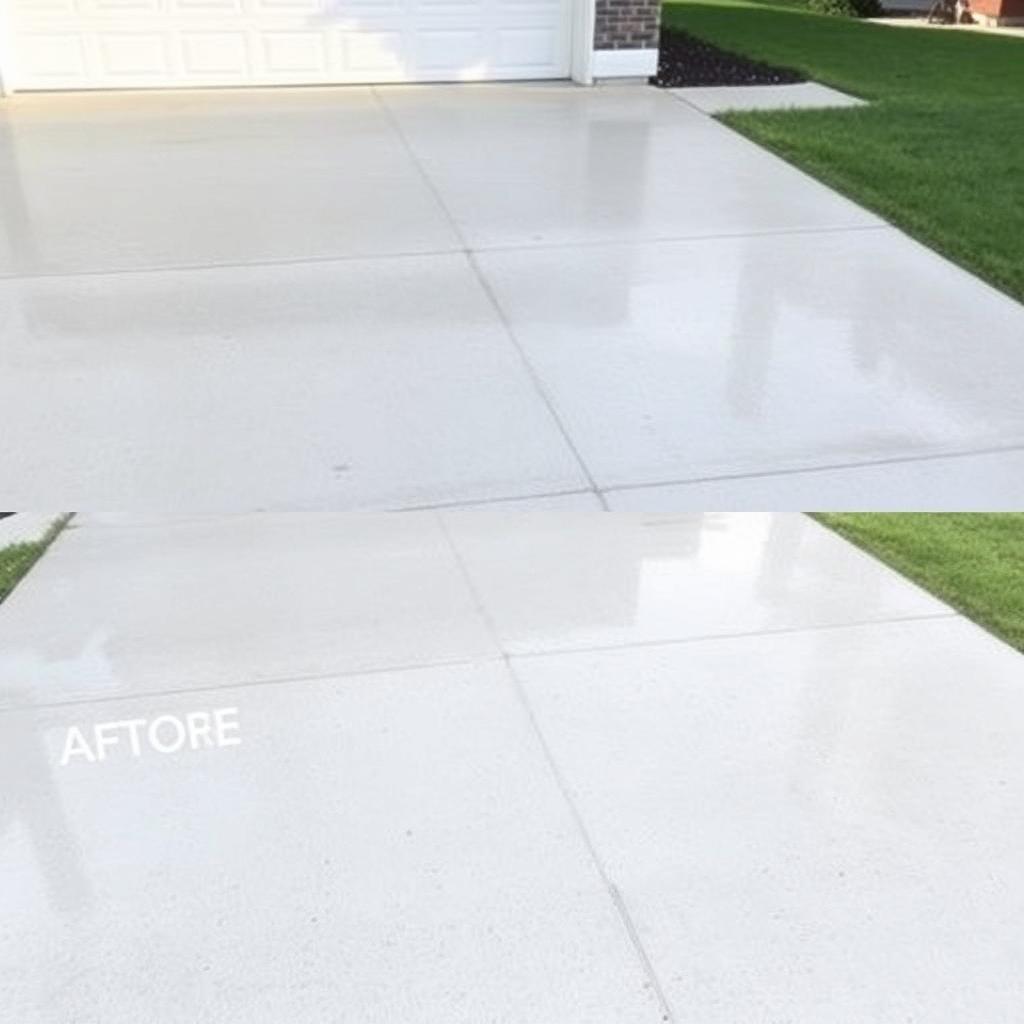 Clean bright concrete driveway in Burton, MI with uniform light gray finish after surface cleaner pressure washing