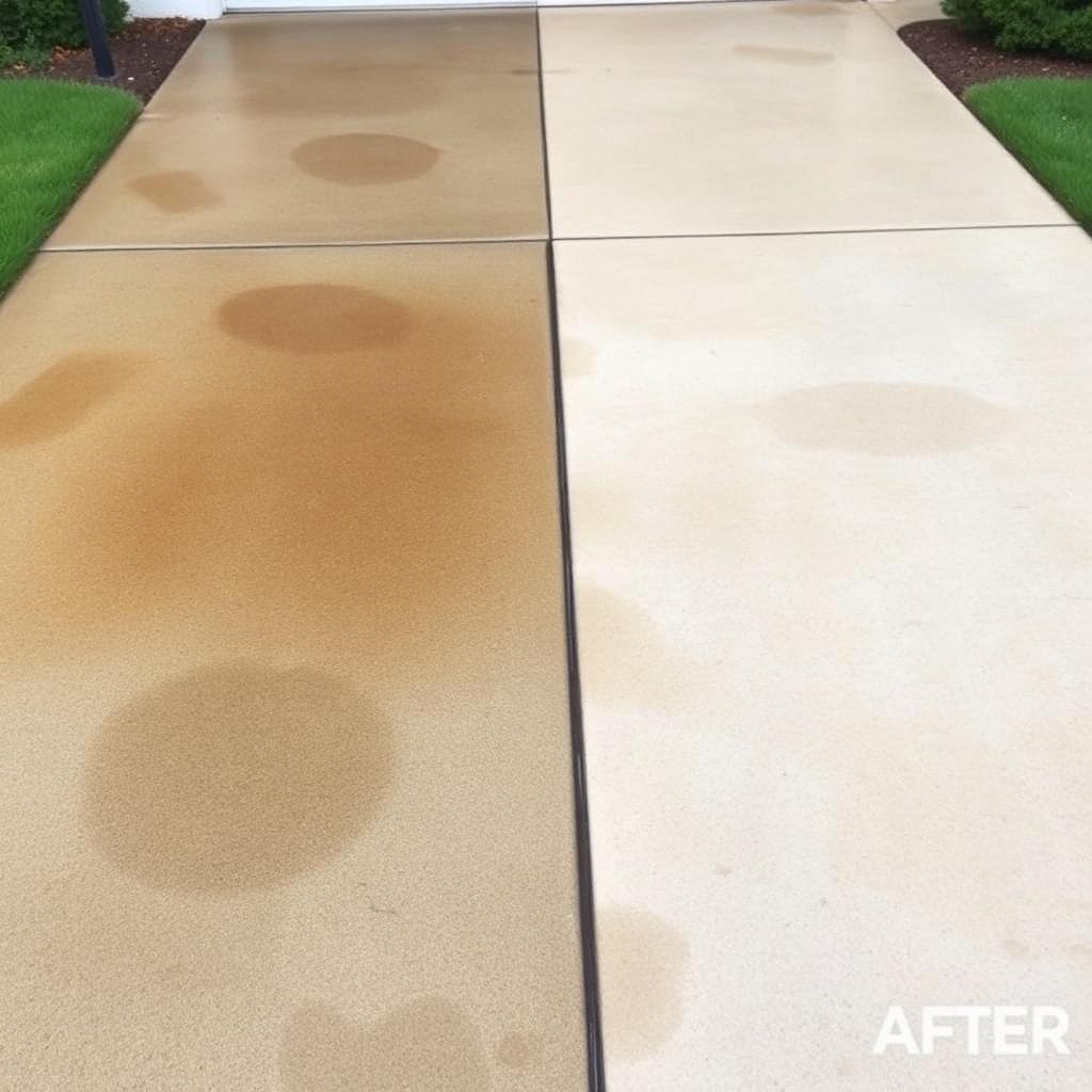 Stained concrete driveway in Burton, MI with oil spots, tire marks, and Michigan salt residue before pressure washing
