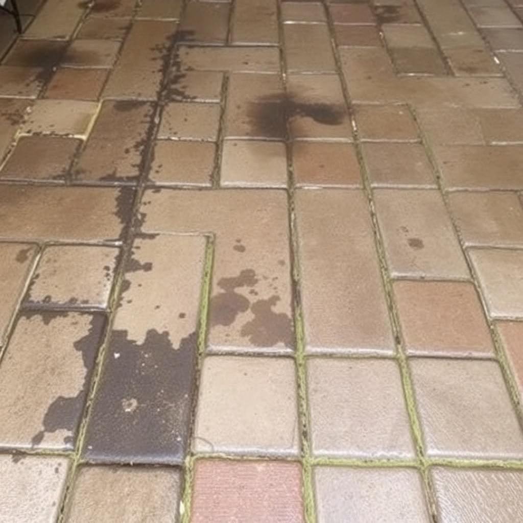 Fenton, MI backyard paver patio stained with black mildew, leaf tannin, and green algae between pavers before power washing