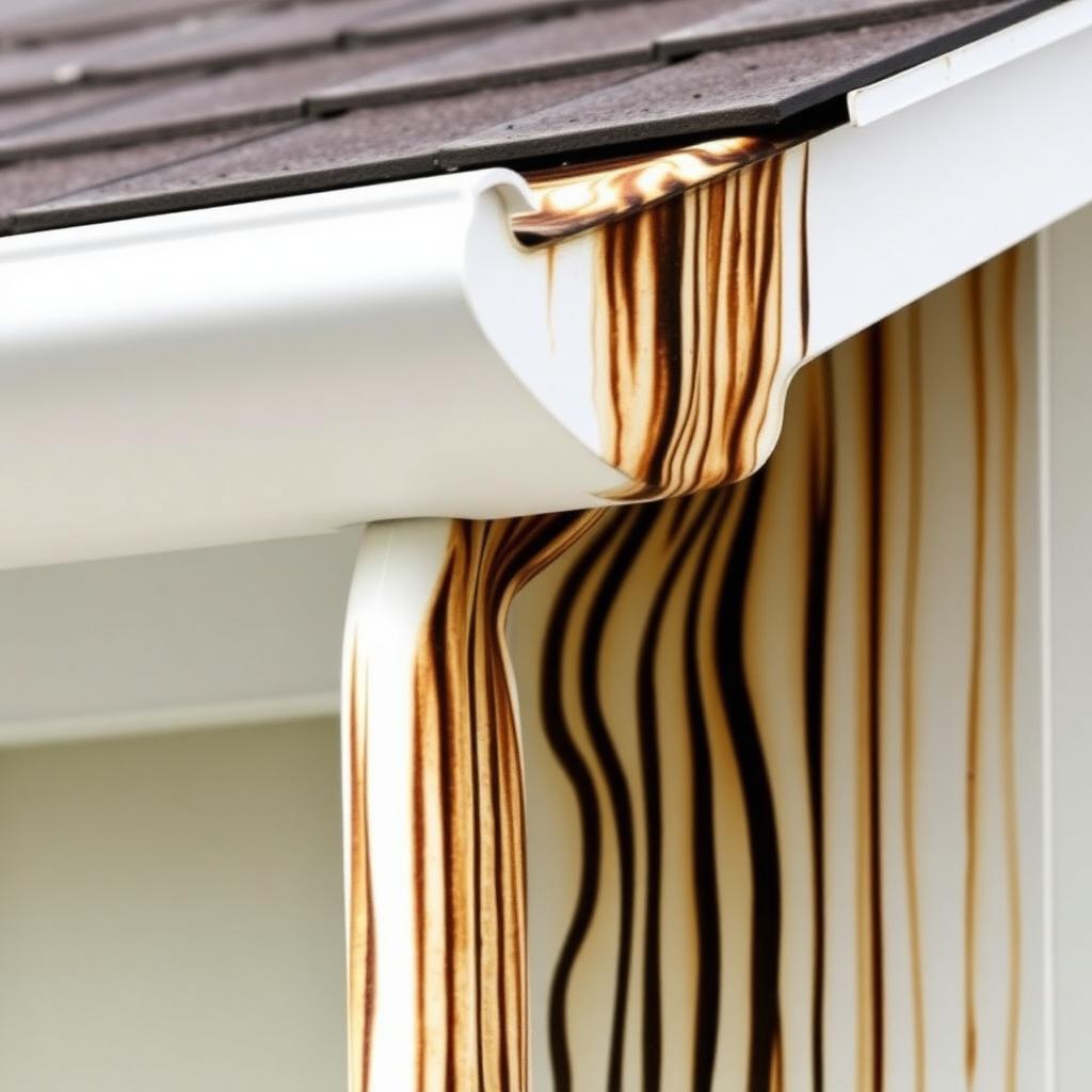 White aluminum gutter in Flint, MI covered in dark oxidation tiger stripes running down the exterior before brightening