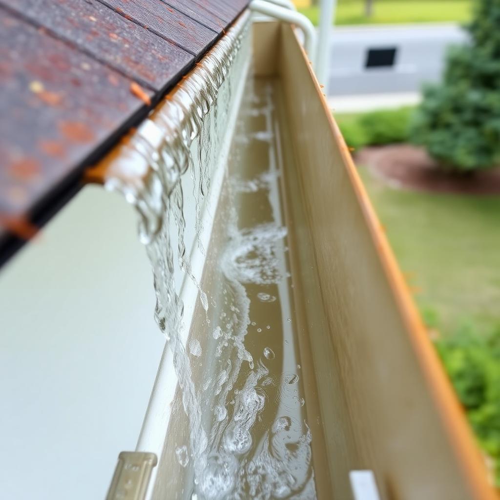 Clean empty home gutter in Grand Blanc, MI with water flowing freely after hand cleanout and downspout flush