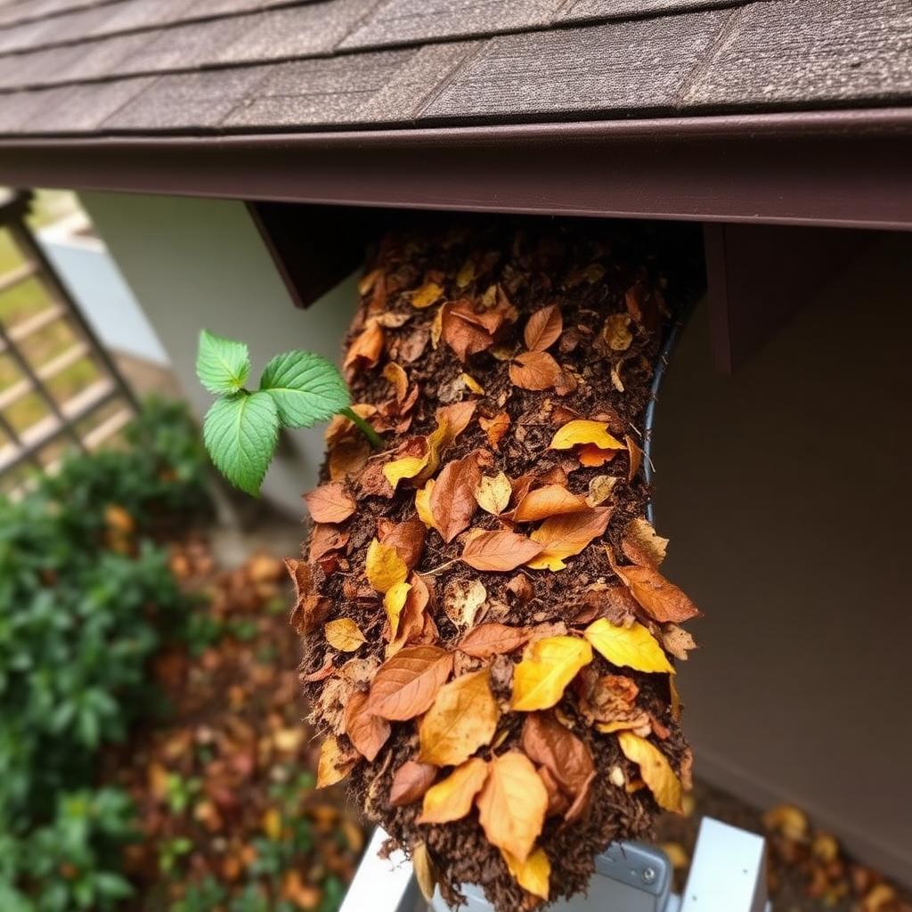 Home gutter in Grand Blanc, MI overflowing with wet leaves and shingle grit debris before cleanout