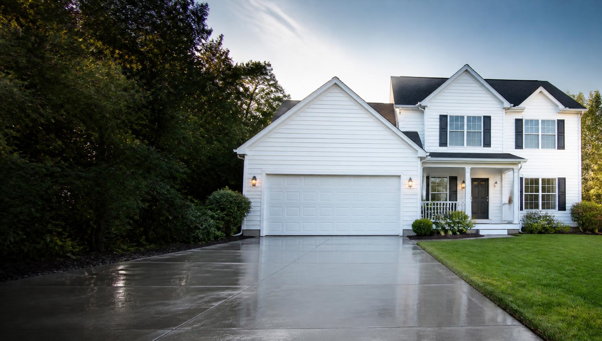 Freshly soft-washed white two-story home with a clean concrete driveway in Flint, Michigan