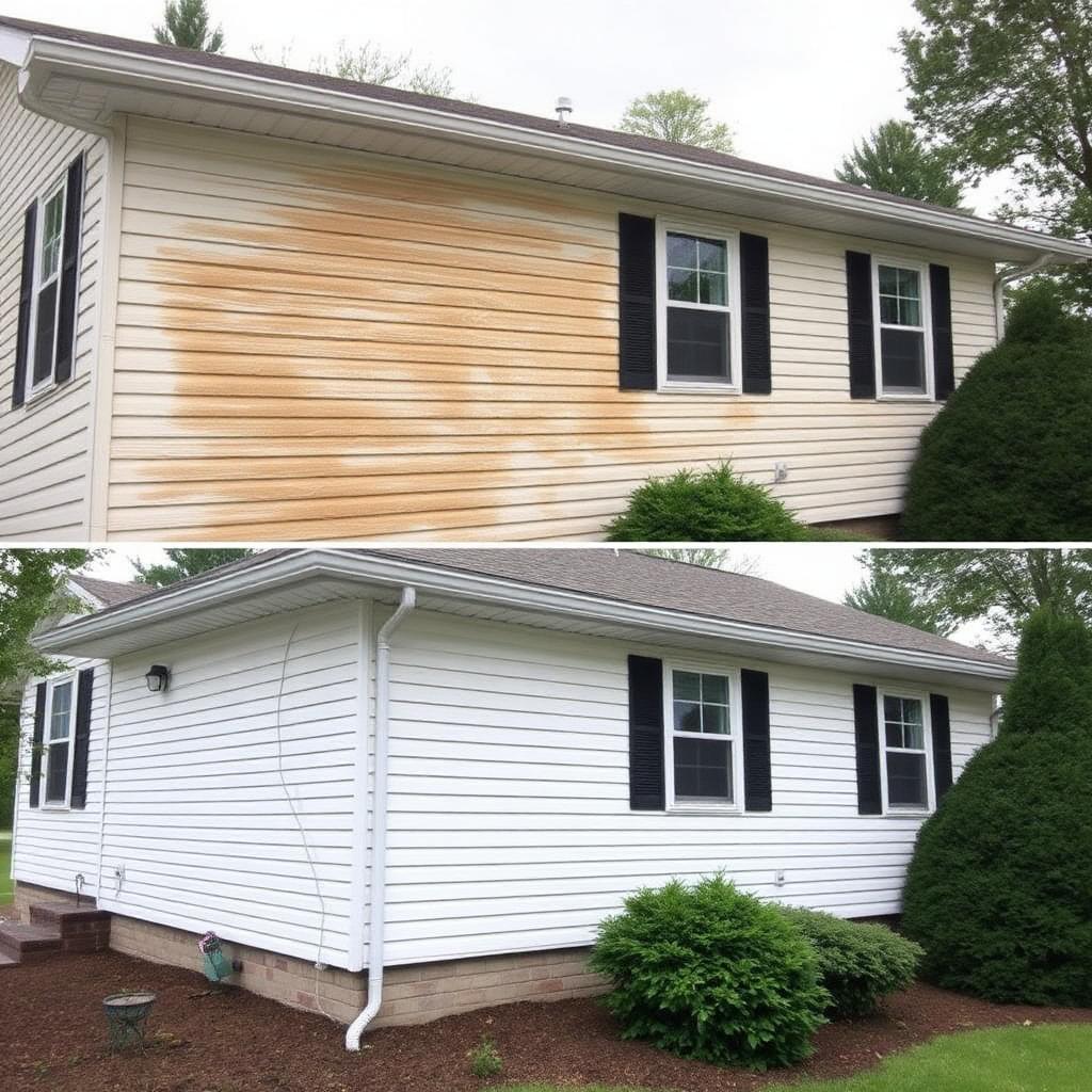 Same Flint, MI cream vinyl siding restored to bright clean color after Huron Power Wash soft wash house washing