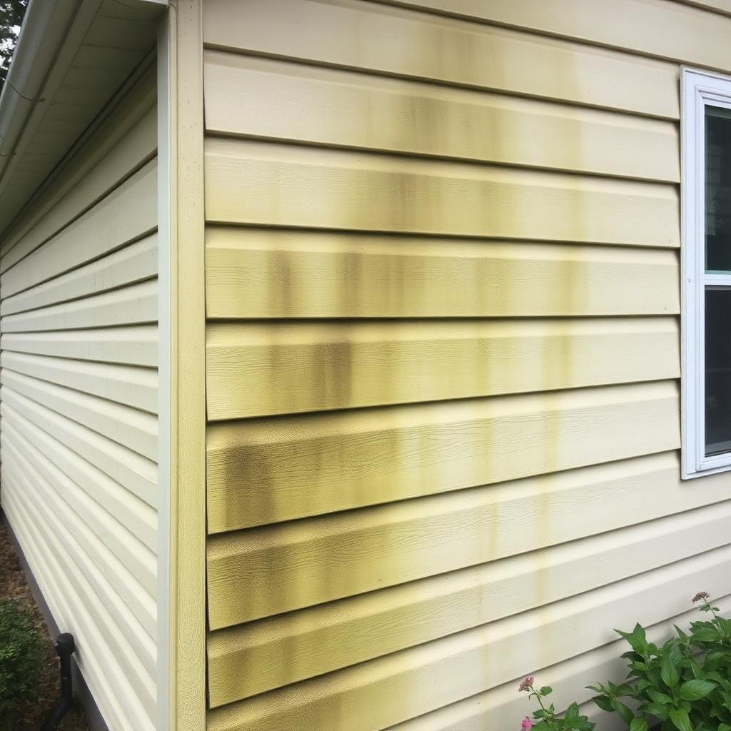 Cream vinyl siding on a Flint, MI home streaked with green algae and black mildew before soft wash house washing