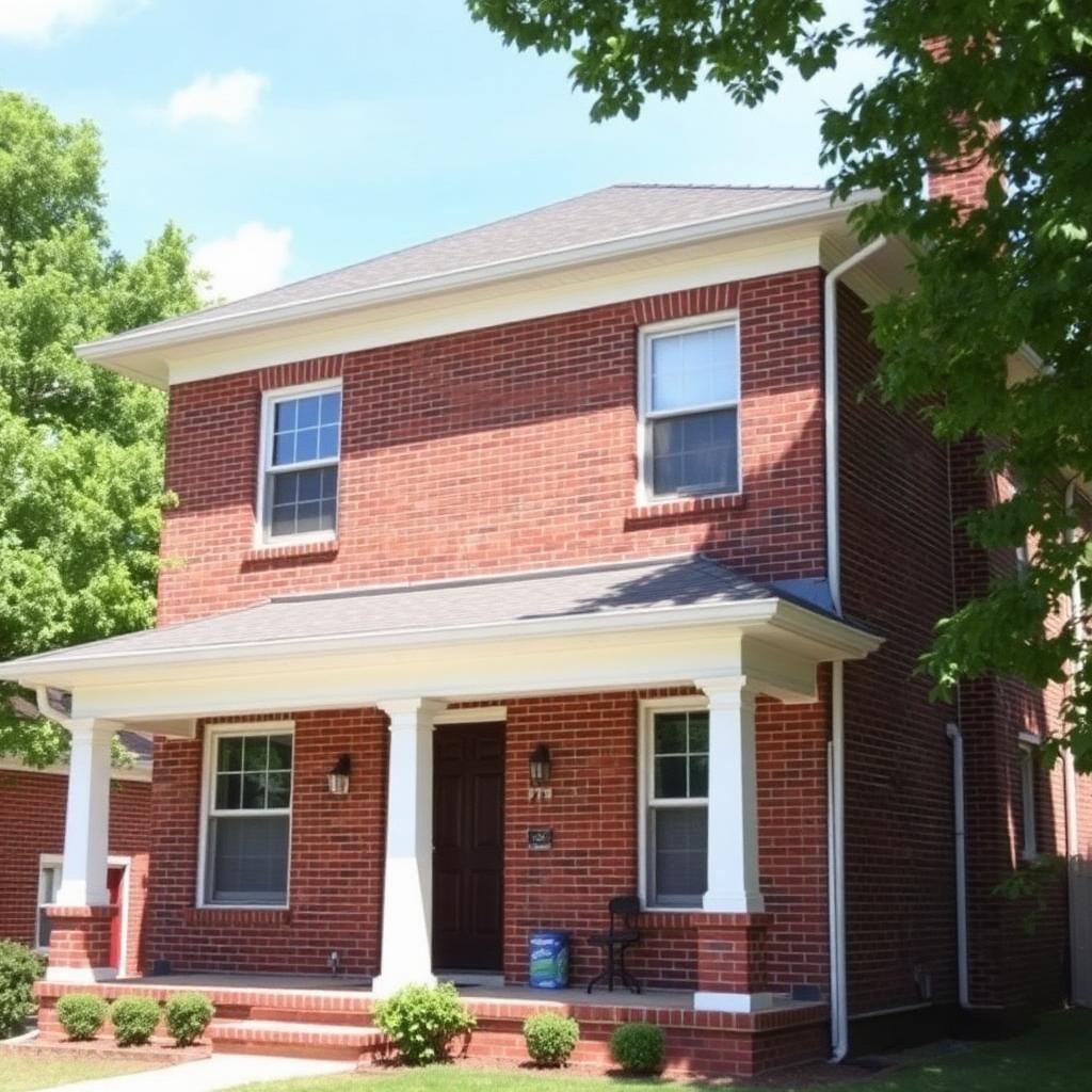 Red brick two-story home with clean siding and bright white soffits after house washing in Grand Blanc, MI