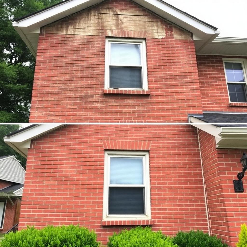 Two-story red brick home in Grand Blanc, MI with mildew stained soffits and grimy brick facade before power washing