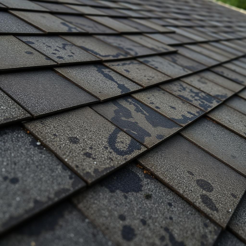 Close-up of asphalt shingle roof in Flint, MI covered in heavy black Gloeocapsa magma algae streaks before soft wash roof cleaning