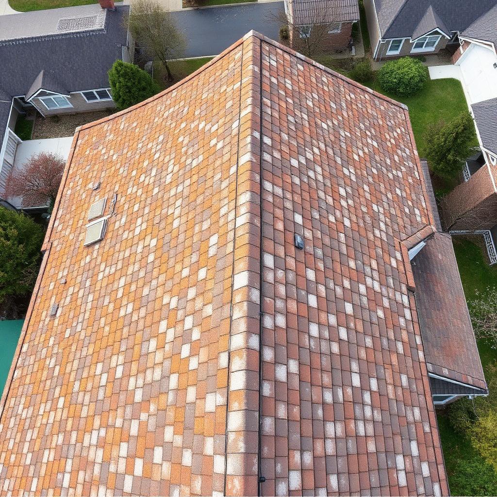 Aerial view of the same Davison, MI roof cleaned of moss and lichen with uniform shingles after Huron Power Wash treatment