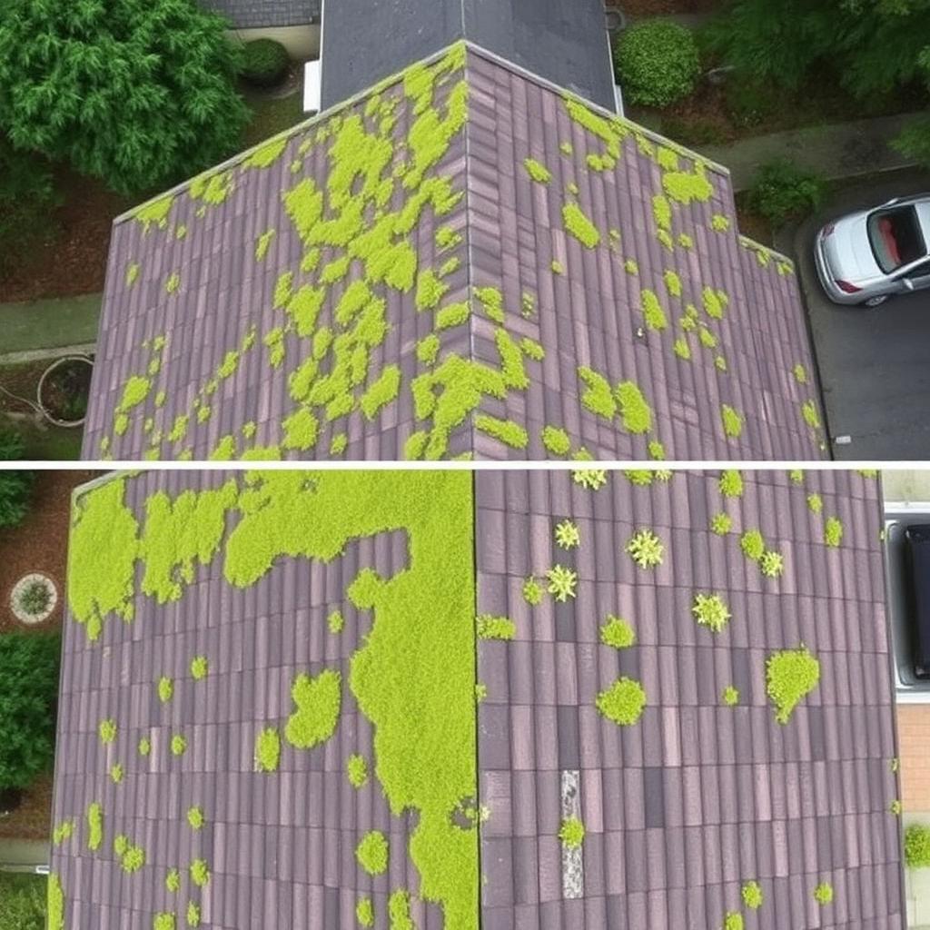 Aerial view of Davison, MI home roof covered in green moss and lichen growth before soft wash treatment